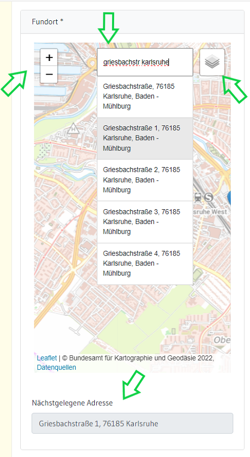 Bildschirmfoto der Fundortkarte mit Pfeilen auf die in der Anleitung genannten Felder. Bildschirmfoto der Fundortkarte mit Pfeilen auf die in der Anleitung genannten Felder.